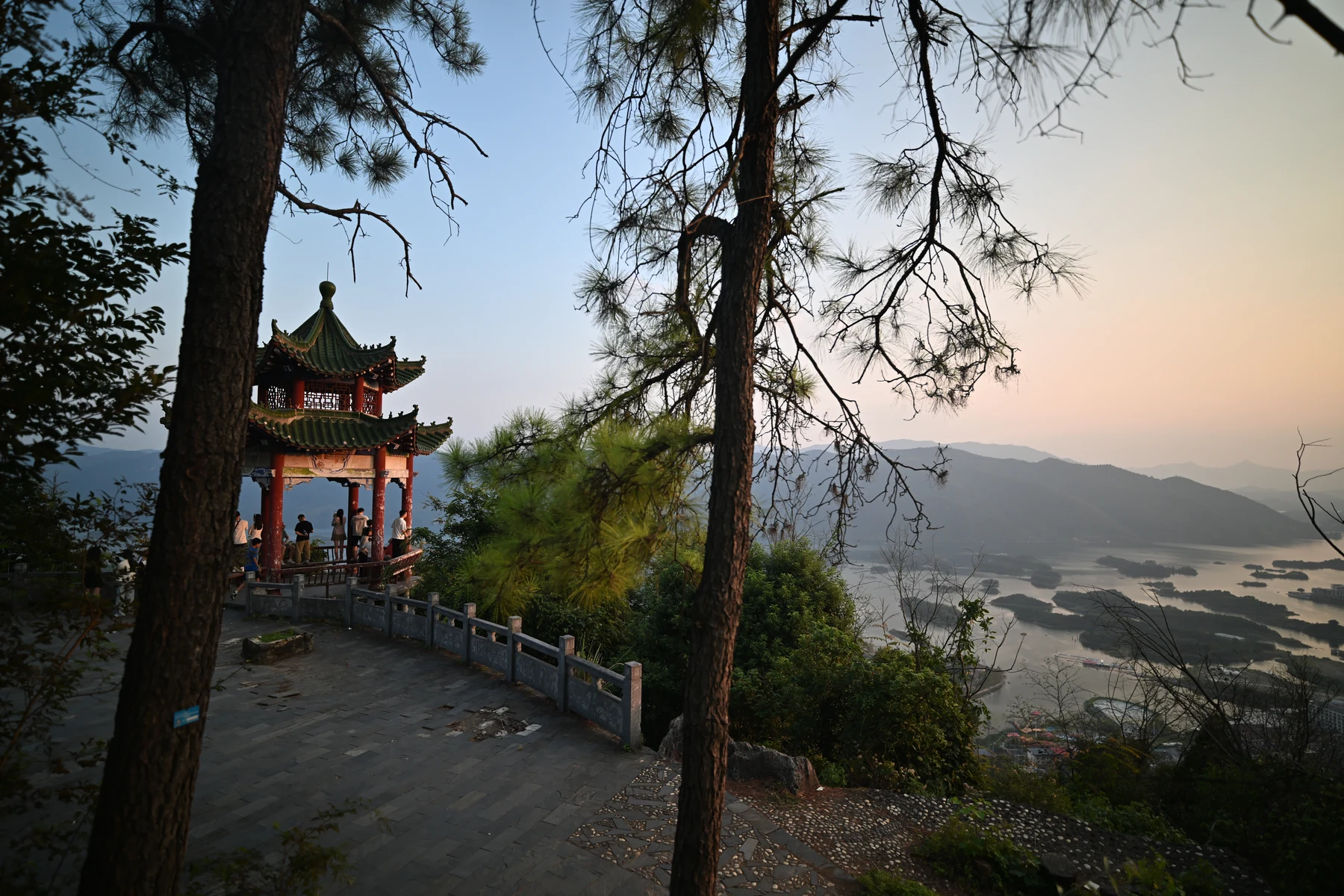 枝叶框住水边的亭子