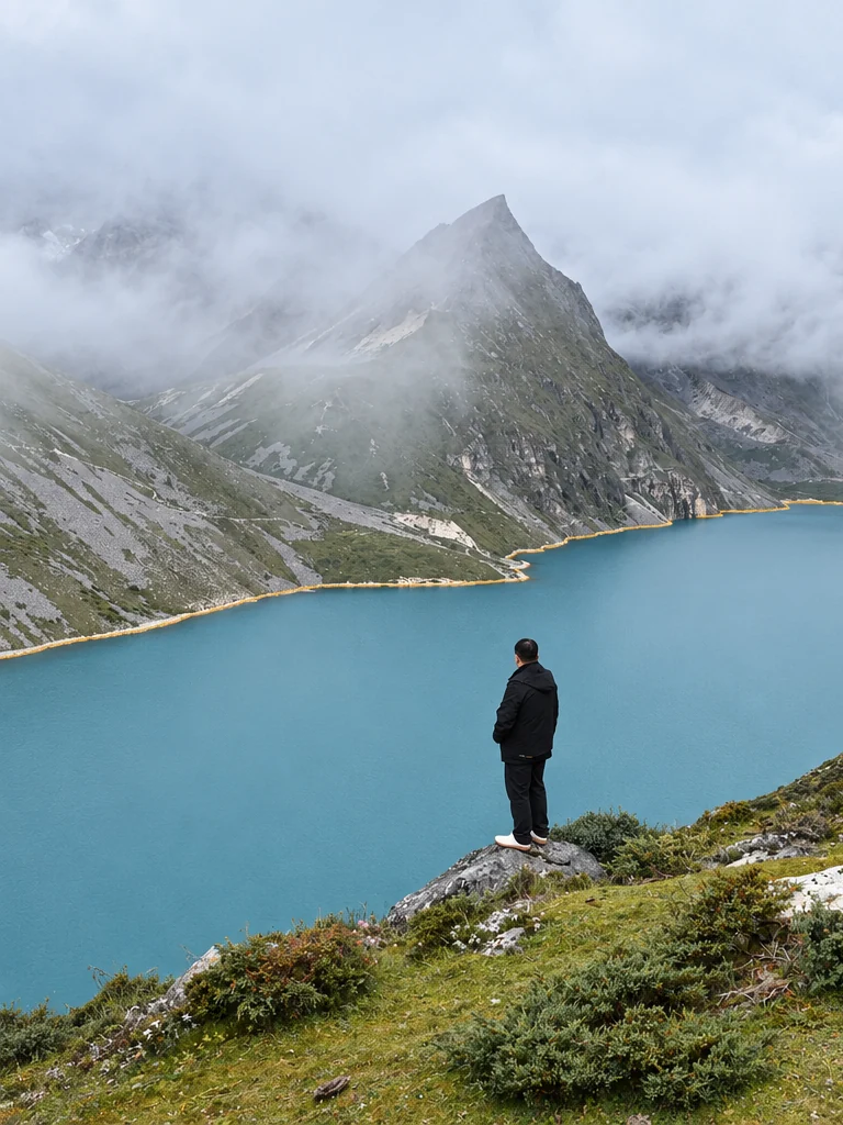 旅人站在碧色湖水和云山前