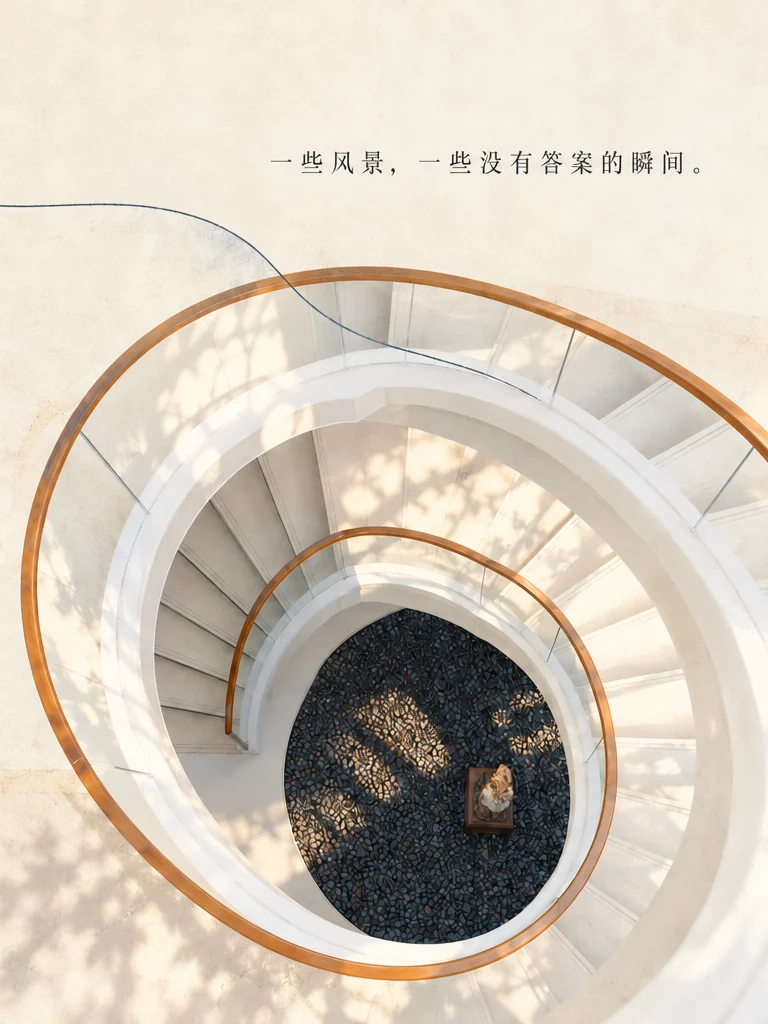 白色螺旋楼梯旁写着：一些风景，一些没有答案的瞬间。