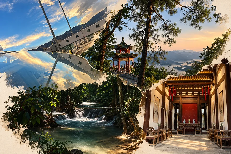 镜面天空和树间亭子