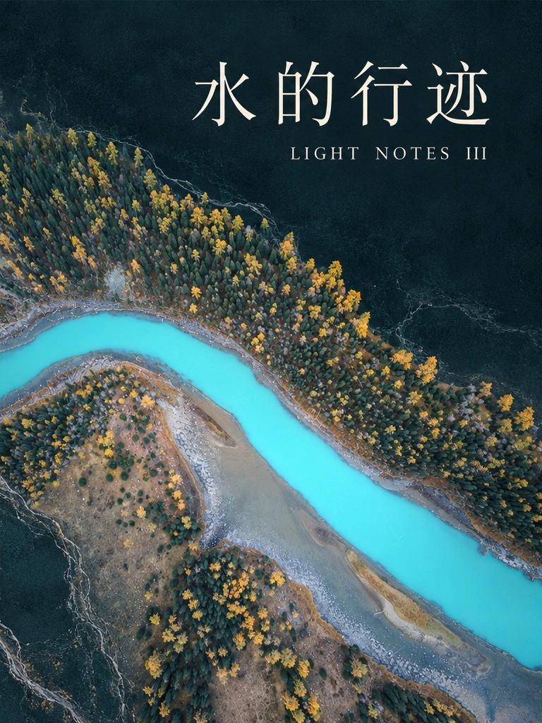 封面：水的行迹，LIGHT NOTES III。青色河湾与盐地纹理。
